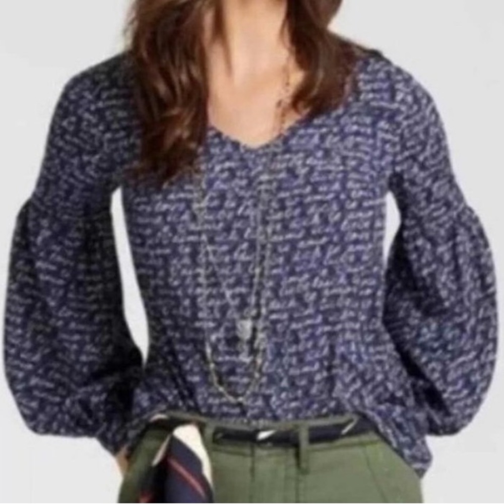 “I LOVE YOU” CAbi Te Amo Blue Monogrammed Balloon Sleeve Blouse  Size XL